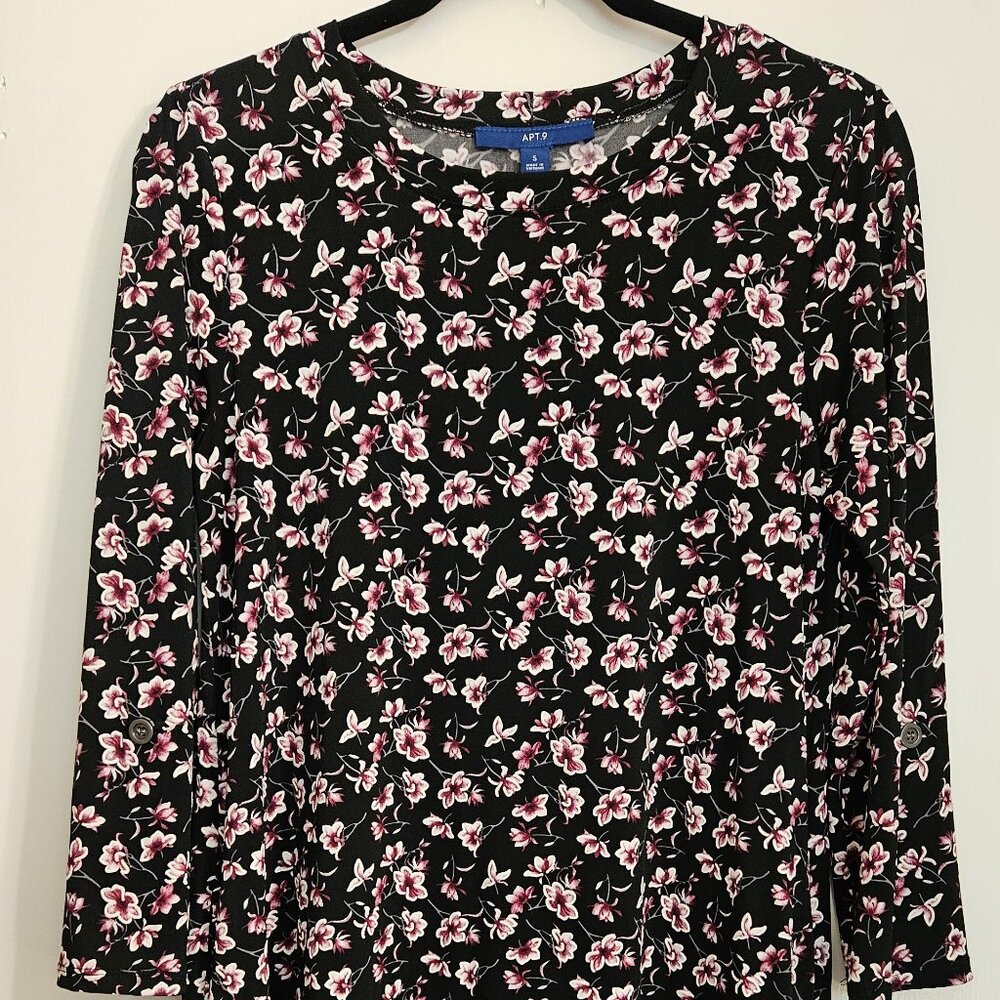 Women's 3/4 Sleeve Floral Dress Black Pink Pockets Roll Sleeve Small